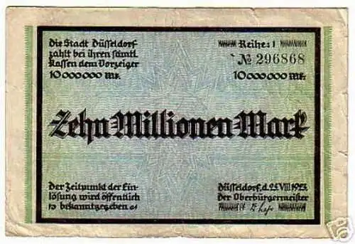 Rare Banknote Inflation 10 Millionen Mk Düsseldorf 1923