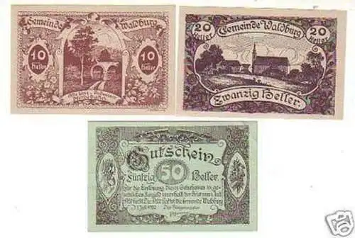 3 Banknoten Notgeld der Gemeinde Waldburg 1920