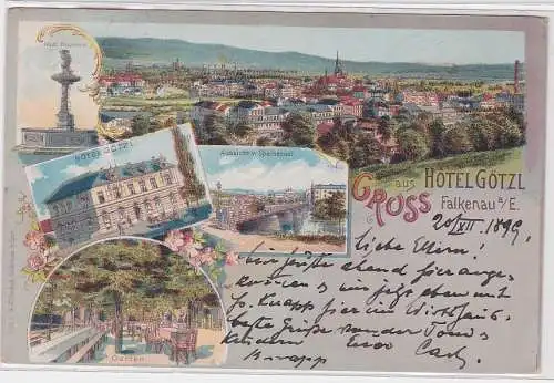 907283 Ak Lithographie Gruss aus Hotel Götzl Falkenau a.E.1899