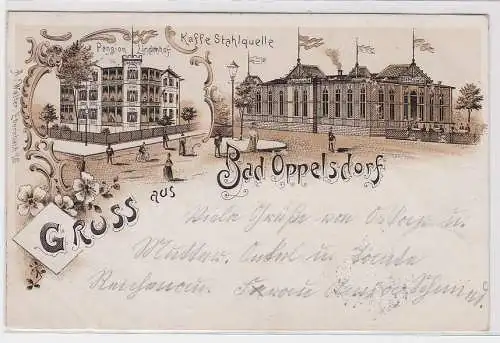 82650 Ak Lithographie Gruß aus Bad Oppelsdorf Kaffee Stahlquelle, Pension Linden