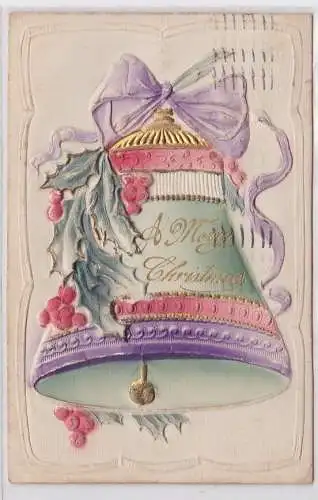 12438 Glückwunsch Präge AK A Merry Christmas, Glocke mit Mistelzweig 1910