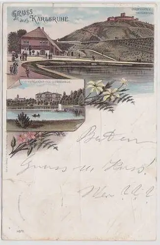 37492 Ak Lithographie Gruß aus Karlsruhe Stadtgartensee und Festhalle 1896