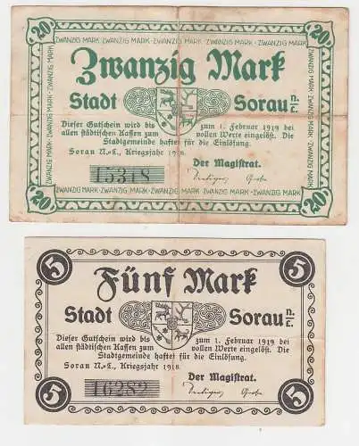 5 und 20 Mark Banknoten Notgeld Stadt Sorau Żary Niederlausitz 1918 (110162)