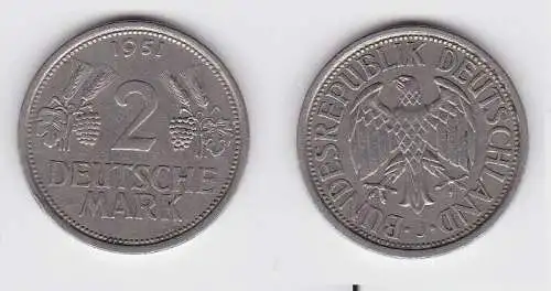 2 Mark Nickel Münze BRD Trauben und Ähren 1951 J (130429)