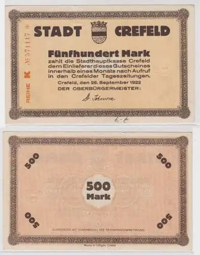 500 Mark Banknote Inflation Stadt Crefeld 28.09.1923 (135710)