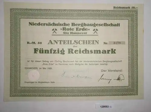 50 RM Aktie Niedersächsische Bergbaugesell. Rote Erde Hannover Mai 1926 (128683)