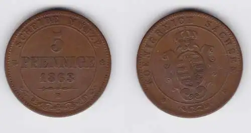 5 Pfennige Bronze Münze Sachsen 1863 B ss (151218)