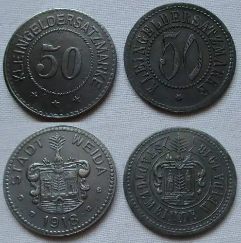 2x Eisen Kleingeldersatzmarken 50 Pfennig Stadt Weida 1918 (151136)