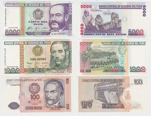 100, 1000 und 5000 Intis Banknote Peru (1985-88) bankfrisch UNC (120709)