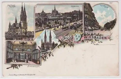 900721 Lithografie AK Gruss aus Wiesbaden - Kochbrunnen, Wilhelm-Strasse, Kirche