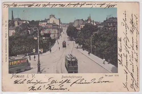 901229 Ak Plauen im Vogtland - Bahnhofstraße mit Straßenbahnen 1902