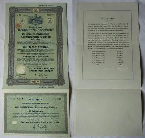 85 Reichsmark Kreditbrief Landwirtschaftlicher Kreditverein Sachsen 1930 /157121