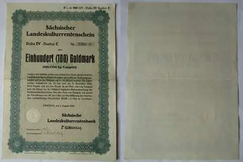 100 Goldmark Rentenschein Landeskulturrentenbank Sachsen Dresden 1928 (157123)