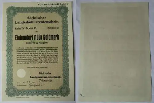 100 Goldmark Rentenschein Landeskulturrentenbank Sachsen Dreden 1928 (157163)