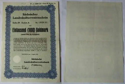 1000 Goldmark Rentenschein Landeskulturrentenbank Sachsen Dreden 1928 (156763)