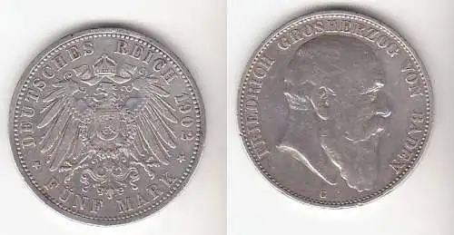 5 Mark Silbermünze Baden Großherzog Friedrich 1902 Jäger 33  (111332)