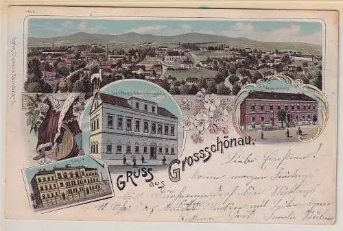 85899 Ak Lithographie Gruß aus Grossschönau Gasthaus, Schule usw. 1904