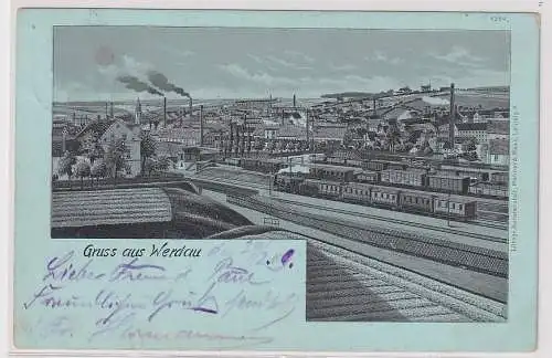 908193 Mondscheinkarte Gruß aus Werdau Bahnhof mit Zügen 1908