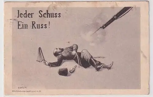 60968 Ak Karikatur Jeder Schuss ein Russ! 1914