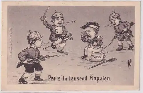 74998 Ak Karikatur Paris in tausend Ängsten 1914