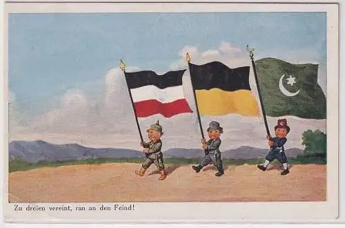 25210 Künstler Ak Zu dreien vereint rann an den Feind 1916