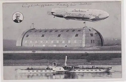 33903 Ak Flugplatz Dresden-Kaditz Luftschiffhalle und Zeppelin "Sachsen" um 1910