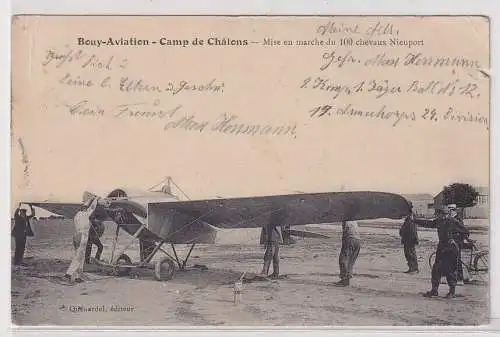 39591 Ak Militärlager Champ de Châlons Inbetriebnahme Propellerflugzeug 1914