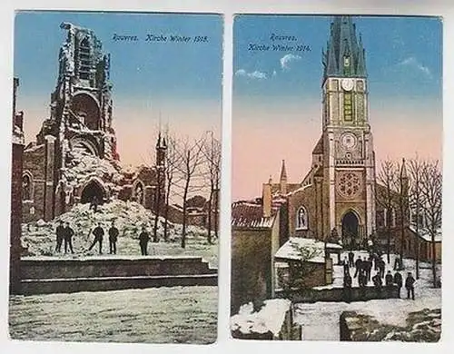 65178/2 Ak Rouvres Kirche im Winter vor und nach der Beschießung 1914 und 1915