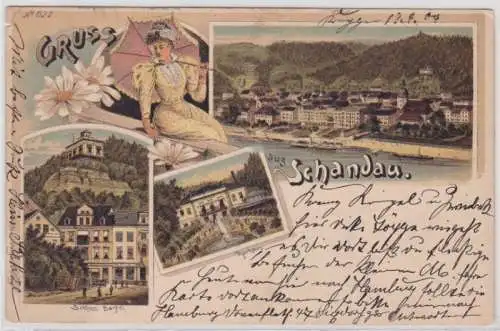 98393 Ak Lithographie Gruß aus Schandau, Schloß Bastei, Kurhaus usw. 1904