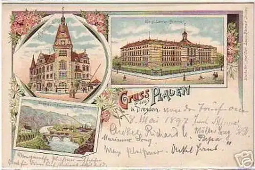 02237 Ak Lithographie Gruß aus Plauen bei Dresden 1897