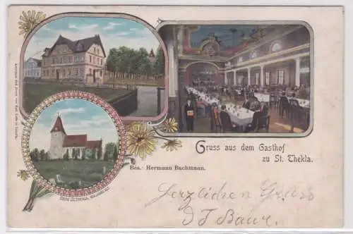 07310 AK Lithographie Gruss aus dem Gasthof zu St. Thekla Leipzig 1902