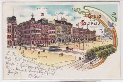 95397 Ak Lithographie Gruss von Leipzig Rossplatz Hotel de Prusse Harmonie 1901