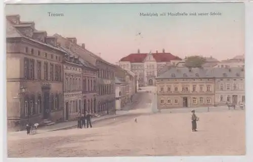 91249 AK Treuen - Marktplatz mit Munzstraße & neuer Schule um 1920