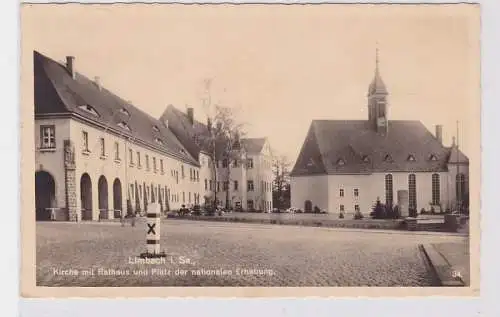 92096 Ak Limbach in Sachsen Kirche mit Rathaus 1937