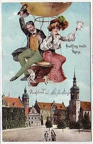 10195 Humor Ak Ausflug nach Riesa mit Ballon 1909