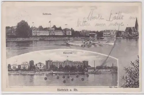 83804 AK Biebrich am Rhein - Kaserne & Schloss vom Fluss aus gesehen 1913