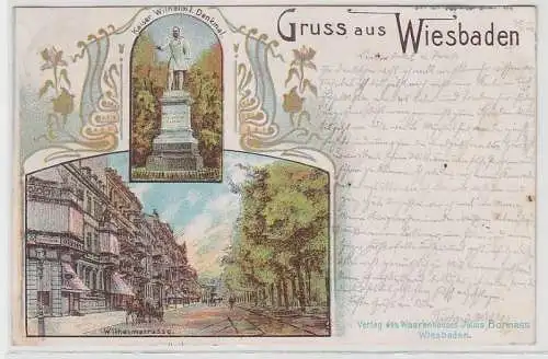 71495 Ak Lithographie Gruß aus Wiesbaden Wilhelmstraße, Kaiser Wilhelm I. Denkma