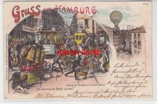 67791 Ak Lithographie Gruß aus Hamburg 'Die elektrische Bahn kommt!' 1898