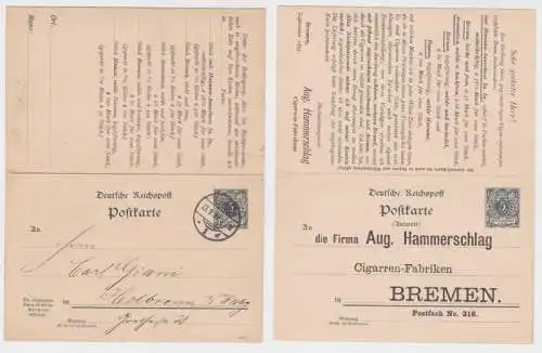 95992 Ganzsachen Postkarte P31b Zudruck Aug. Hammerschlag Cigarren-Fabrik Bremen