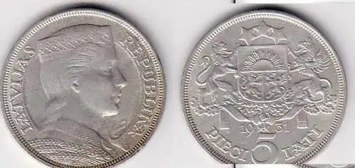 5 Lati Silber Münze Lettland 1931