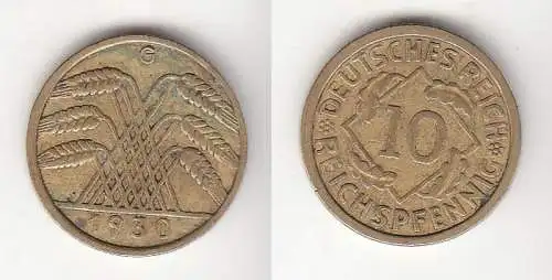 10 Reichspfennig Messing Münze Deutsches Reich 1930 G, Jäger 317 (112489)