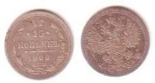 15 Kopeken Silber Münze Russland 1908