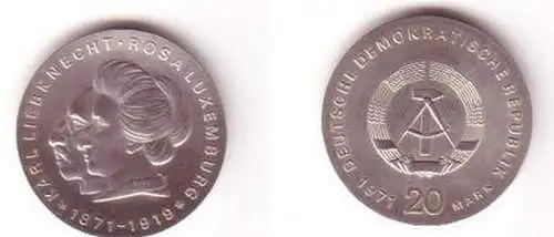 DDR Gedenk Münze 20 Mark Liebknecht Luxemburg 1971 Silber Stempelglanz