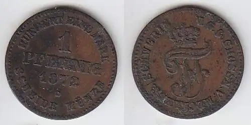 1 Pfennig Kupfer Münze Mecklenburg Schwerin 1872 B f. ss