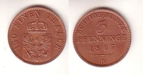 3 Pfennige Kupfer Münze Preussen 1867 B ss/ vz