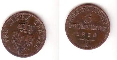 3 Pfennige Kupfer Münze Preussen 1870 A ss+