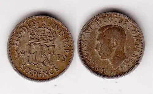 6 Pence Silber Münze Großbritannien 1939