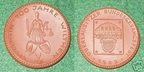 schöne Porzellanmedaille Bundesgesangsfest Wilthen 1922