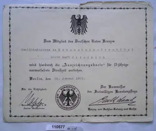 4 Urkunden Mitglieder der Sanitätskolonne vom roten Kreuz 1926-1936 (110577)