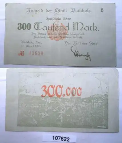 300000 Mark Banknote Inflation Stadt Buchholz 15. August 1923